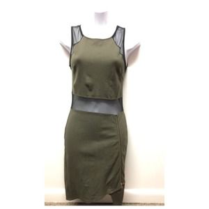 Olive midi dress with Mesh Cut Out Dress Zip-Up Thigh dress •